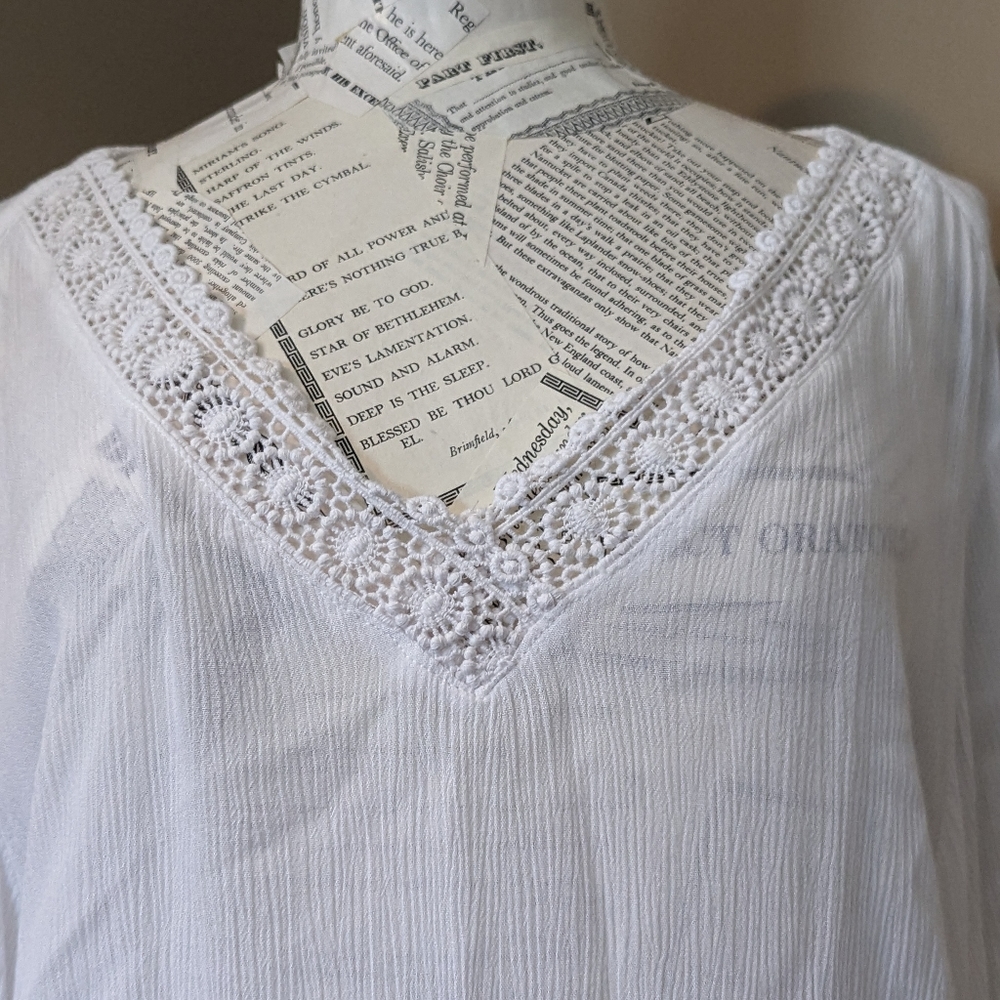 Lascana White V-Neck Long Sleeve Blouse 14 Lace Cutout Sleeves